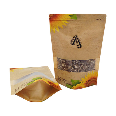 Υδατοασφαλής επανακλείσιμο Ziplock Kraft Stand Up Pouches με παράθυρο για ηλιόσπορο σπόρους καρύδας συσκευασία τροφίμων