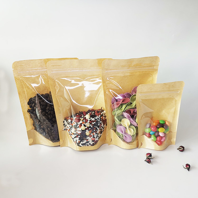 Διαφανή μπροστινή πίσω όρθια Kraft Paper Ziplock σακούλες 150microns διαφανή όρθια σακούλες